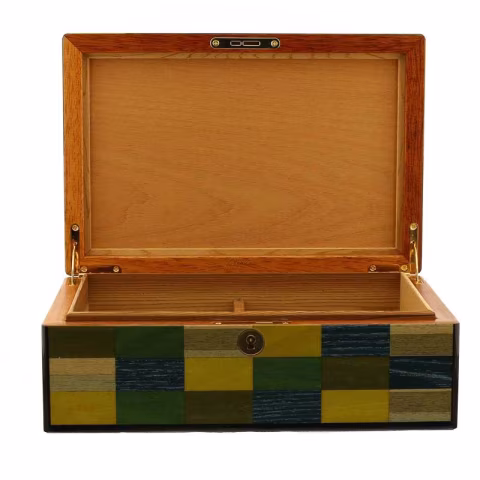 Morici Mestre humidified box for 30 cigars, green yellow blue inlay finish - Accessories Cigar - Wood