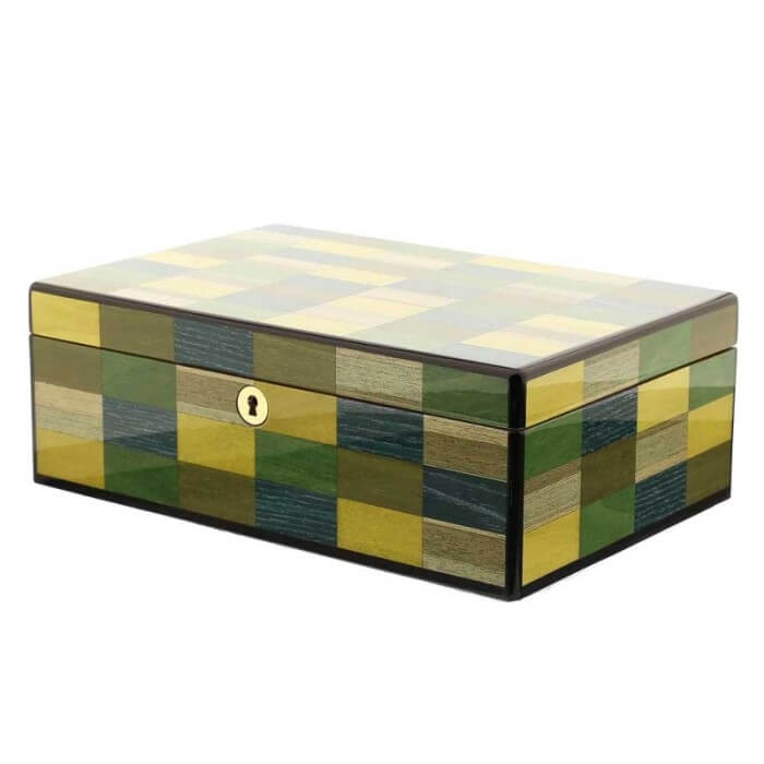 Morici Collection - Morici Mestre Befeuchtete Kiste für 30 Zigarren, grün-gelb-blaue Intarsienlackierung