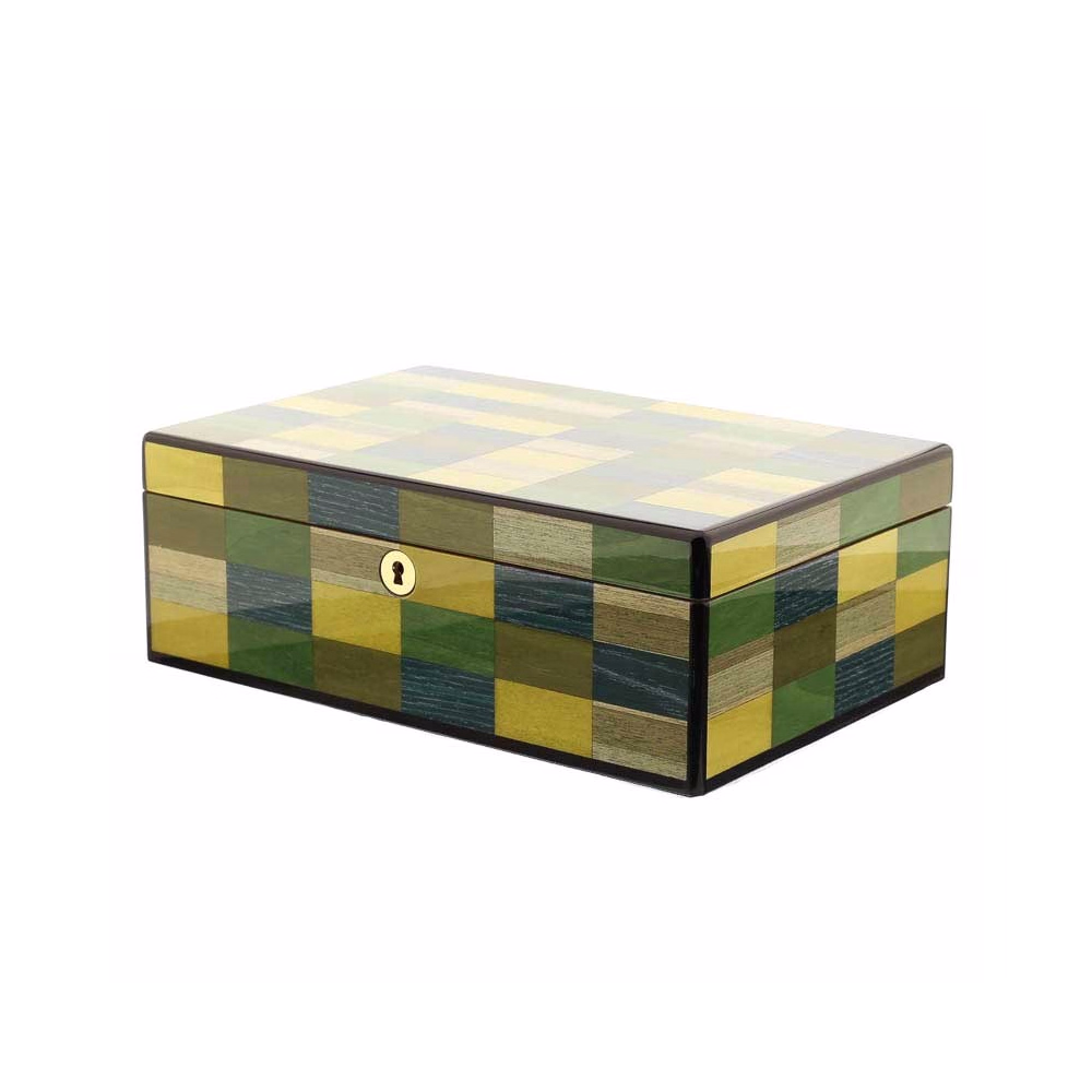 Morici Mestre scatola umidificata per 30 sigari finitura intarsio verde giallo blu - Accessori Per Sigari