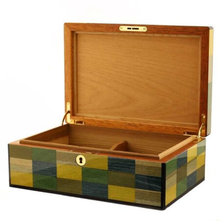 Morici Mestre caja humidificada para 30 puros, acabado incrustación verde amarillo azul Morici Collection Humidor y Muestra W...