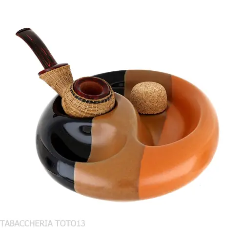 Posacenere in ceramica nera e marrone 2 pipe con sughero battipipa - Accessori Per Pipe