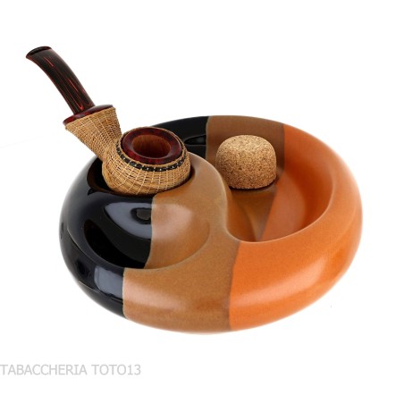 Cendrier en céramique noir et marron 2 pipes avec batteur de pipe en liège - Accessoires pour pipes - Céramique