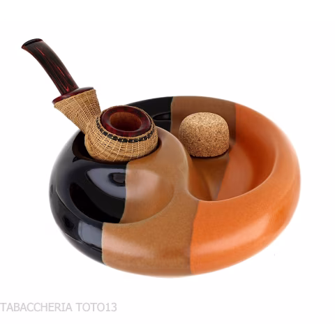 Posacenere in ceramica nera e marrone 2 pipe con sughero battipipa - Accessori Per Pipe