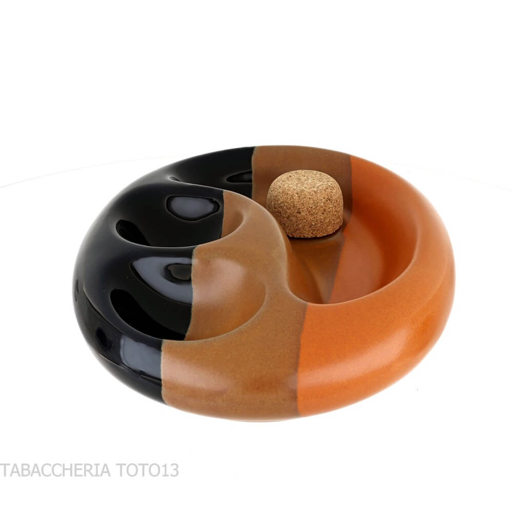 Cenicero de cerámica negro y marrón 2 pipas con mazo de corcho - Passatore - H.Hauser