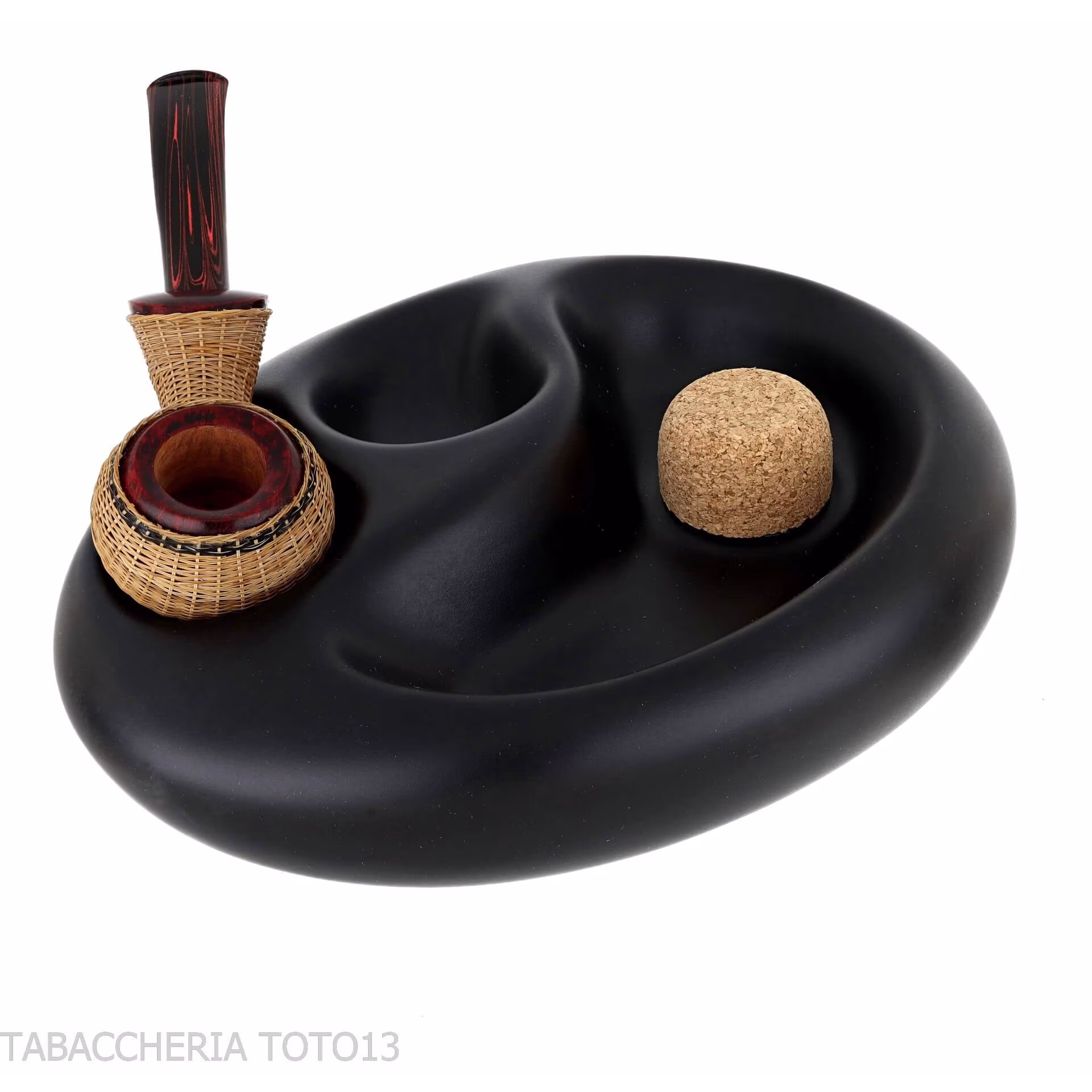 Posacenere in ceramica nera opaca 2 pipe con sughero battipipa - Accessori Per Pipe