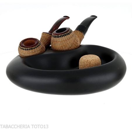 Posacenere in ceramica nera opaca 2 pipe con sughero battipipa - Accessori Per Pipe
