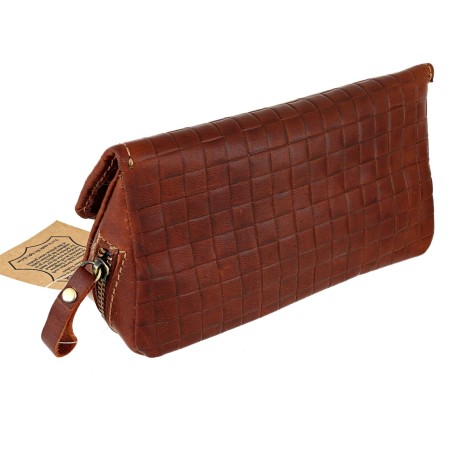 Bolsa de piel marrón con estampado cruzado para 2 pipas y tabaco - Accesorios para pipas de tabaco