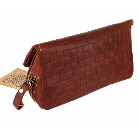 Brown leather bag for 2 pipes and tobacco with cross-stitch print - Accessories for tobacco pipes - Leather