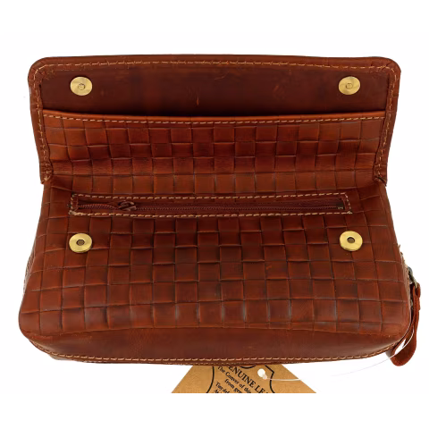 Brown leather bag for 2 pipes and tobacco with cross-stitch print - Accessories for tobacco pipes - Leather