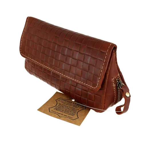Brown leather bag for 2 pipes and tobacco with cross-stitch print - Accessories for tobacco pipes - Leather