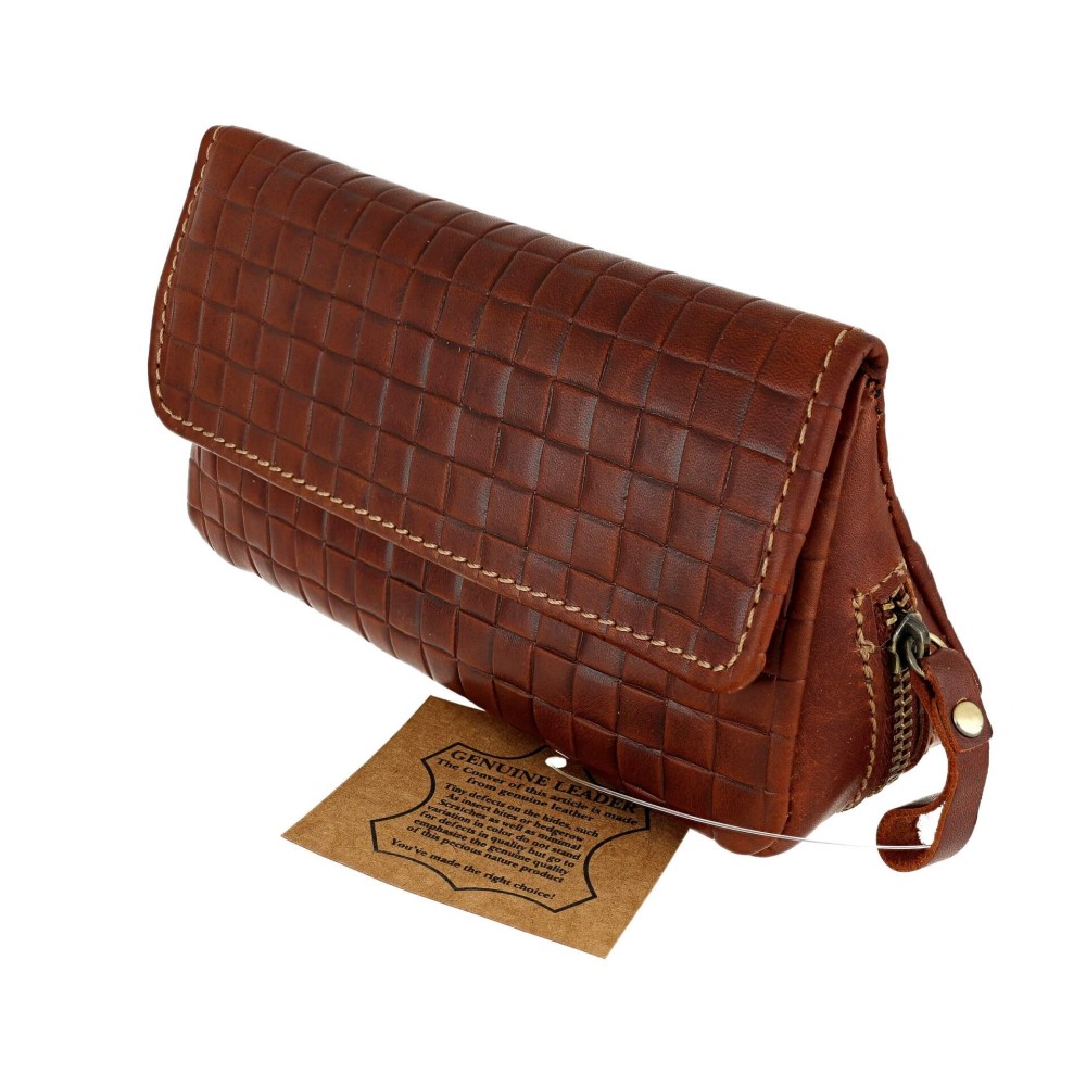 Braune Ledertasche mit Kreuzdruck für 2 Pfeifen und Tabak - Zubehör für Tabakpfeifen