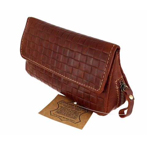 Bolsa de piel marrón con estampado cruzado para 2 pipas y tabaco - Accesorios para pipas de tabaco
