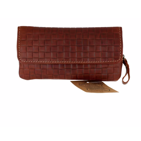 Brown leather bag for 2 pipes and tobacco with cross-stitch print - Accessories for tobacco pipes - Leather