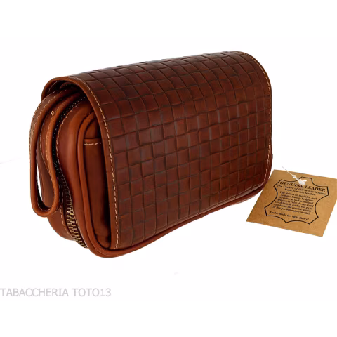 Brown leather pipe case with 2 pipes, 2 accessories and tobacco with braided print-Bags for pipes