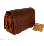 Brown leather pipe case with 2 pipes, 2 accessories and tobacco with braided print-Bags for pipes