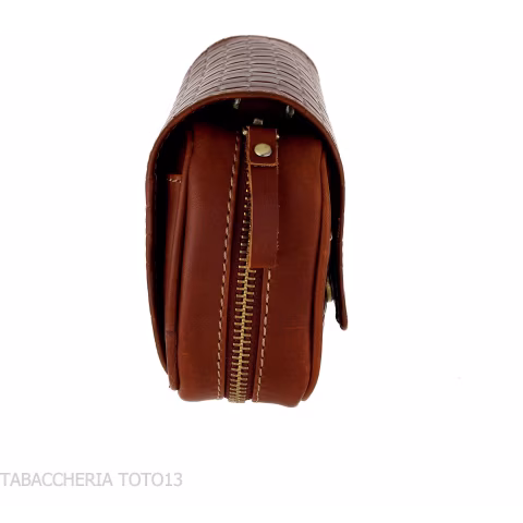 Brown leather pipe case with 2 pipes, 2 accessories and tobacco with braided print-Bags for pipes
