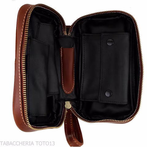 Brown leather pipe case with 2 pipes, 2 accessories and tobacco with braided print-Bags for pipes