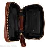 Brown leather pipe case with 2 pipes, 2 accessories and tobacco with braided print-Bags for pipes