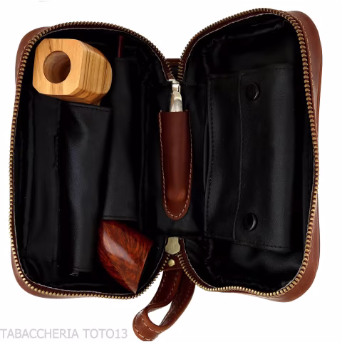 Brown leather pipe case with 2 pipes, 2 accessories and tobacco with braided print-Bags for pipes