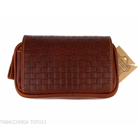 Brown leather pipe case with 2 pipes, 2 accessories and tobacco with braided print-Bags for pipes
