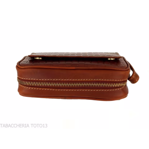 Brown leather pipe case with 2 pipes, 2 accessories and tobacco with braided print-Bags for pipes