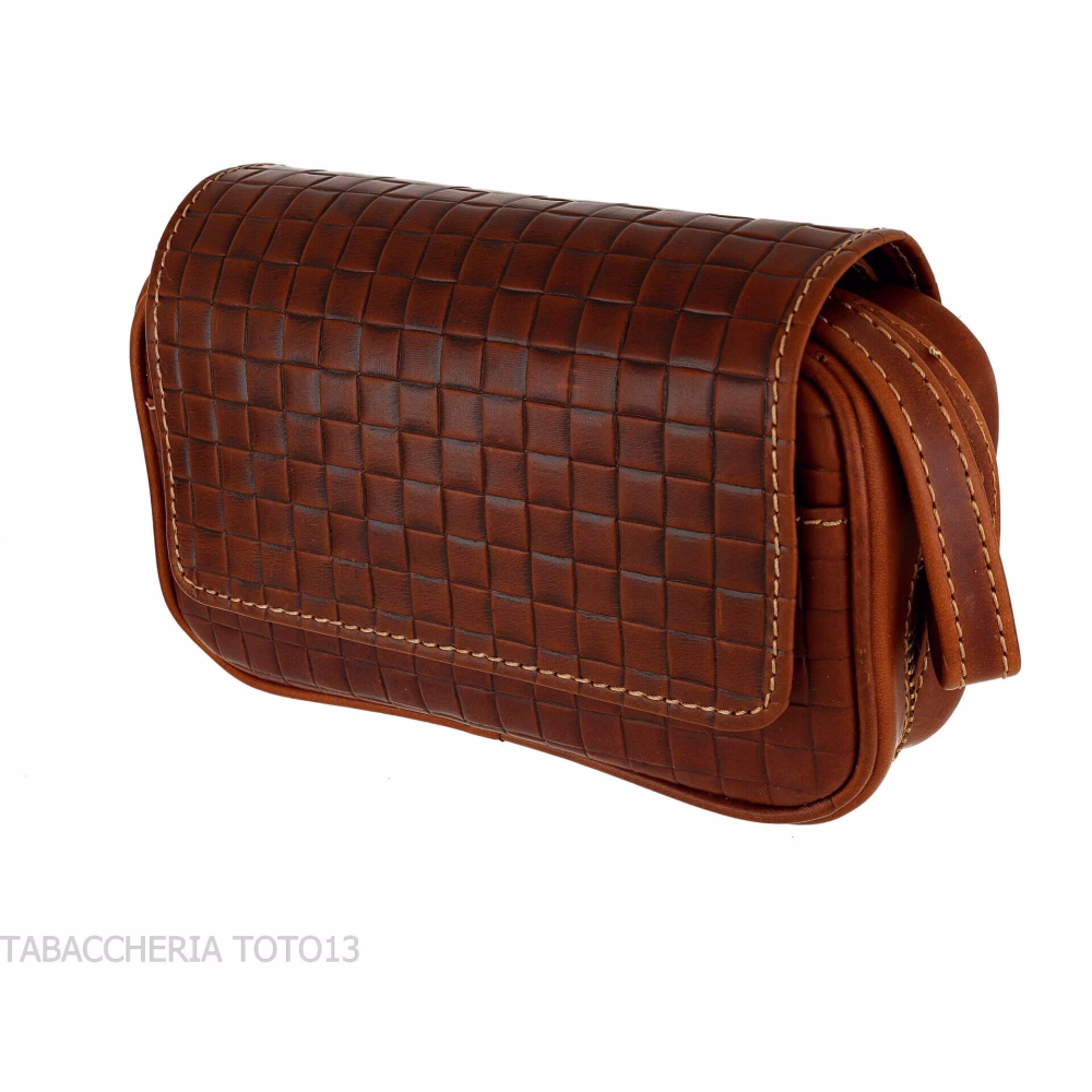 Bauletto per 2 pipe 2 accessori e tabacco in pelle marrone stampa intreccio - Accessori Per Pipe