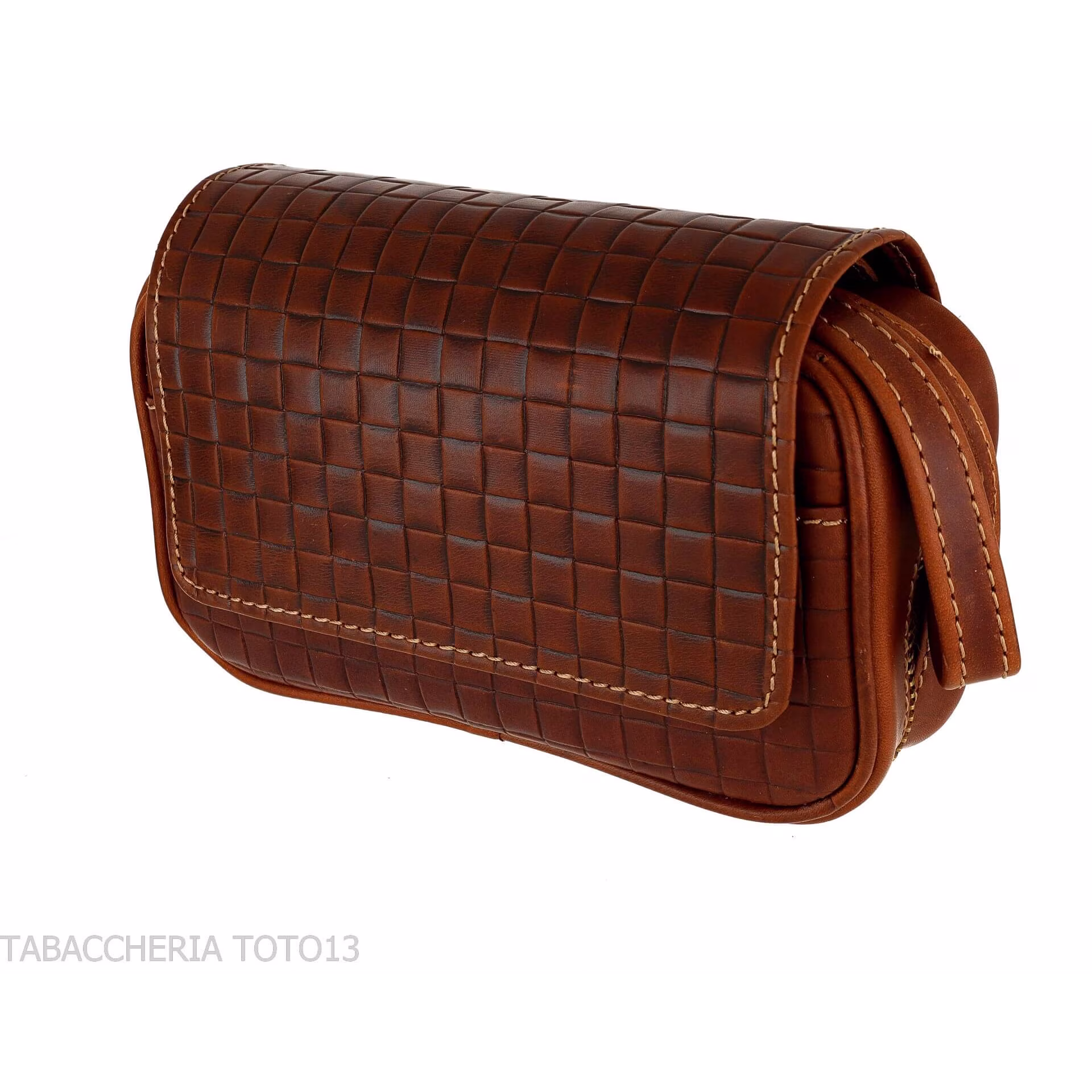 Brown leather pipe case with 2 pipes, 2 accessories and tobacco with braided print-Bags for pipes