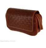 Brown leather pipe case with 2 pipes, 2 accessories and tobacco with braided print-Bags for pipes
