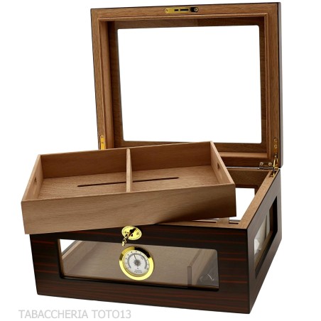 Vitrine humidifiée porte-cigares en ébène avec couvercle et côtés en verre - Accessoires Cigare - Bois