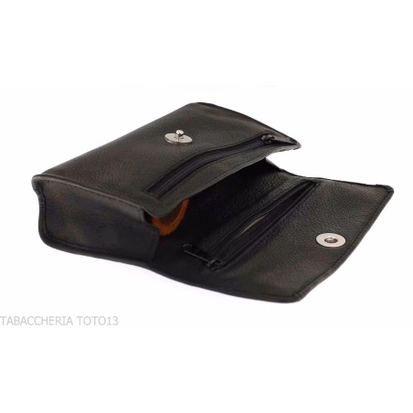 Tasche für Pfeife und 2 verschiedene Tabaksorten aus schwarzem Leder mit Magnetverschluss - Zubehör für Tabakpfeifen