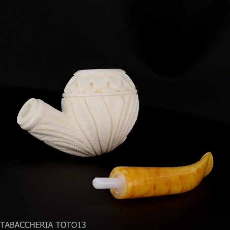 Bent Apple shaped pipe in sea foam with floral decorations - Tobacco Pipes - Sea foam - seppiolite