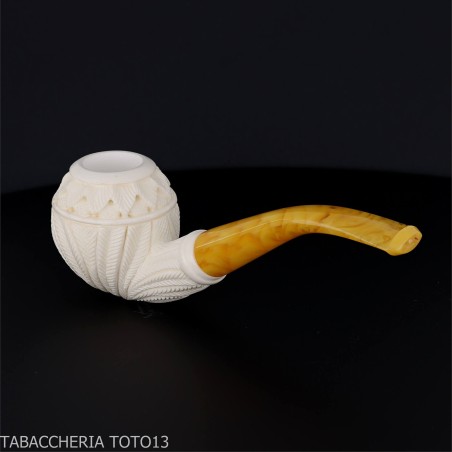 Bent Apple shaped pipe in sea foam with floral decorations - Tobacco Pipes - Sea foam - seppiolite