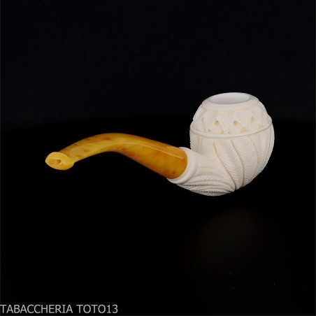 Bent Apple shaped pipe in sea foam with floral decorations - Tobacco Pipes - Sea foam - seppiolite