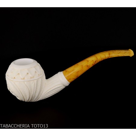 Bent Apple shaped pipe in sea foam with floral decorations - Tobacco Pipes - Sea foam - seppiolite