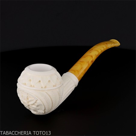 Bent Apple shaped pipe in sea foam with floral decorations - Tobacco Pipes - Sea foam - seppiolite
