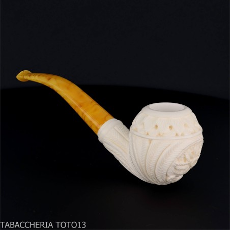Bent Apple shaped pipe in sea foam with floral decorations - Tobacco Pipes - Sea foam - seppiolite