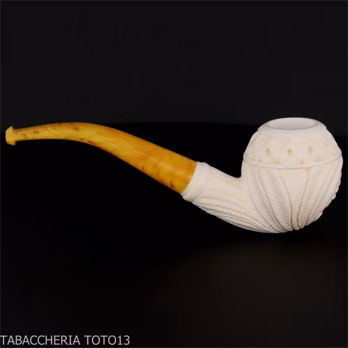 Bent Apple shaped pipe in sea foam with floral decorations-Sea Foam Pipes