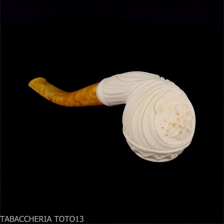Bent Apple shaped pipe in sea foam with floral decorations - Tobacco Pipes - Sea foam - seppiolite