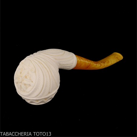 Bent Apple shaped pipe in sea foam with floral decorations - Tobacco Pipes - Sea foam - seppiolite