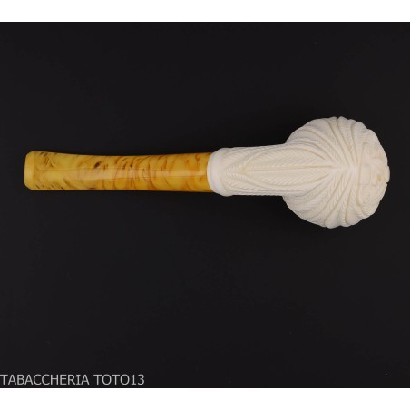 Bent Apple shaped pipe in sea foam with floral decorations - Tobacco Pipes - Sea foam - seppiolite