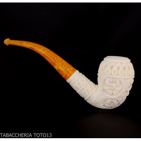 Bent Cutty Meerschaum Pipe with Floral Decorations - Tobacco Pipes - Sea foam - seppiolite