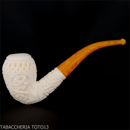 Bent Cutty Meerschaum Pipe with Floral Decorations - Tobacco Pipes - Sea foam - seppiolite