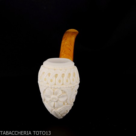 Pipe en écume de mer Cutty courbée avec décorations florales - Pipe Pour le Tabac - écume de mer - sépiolite