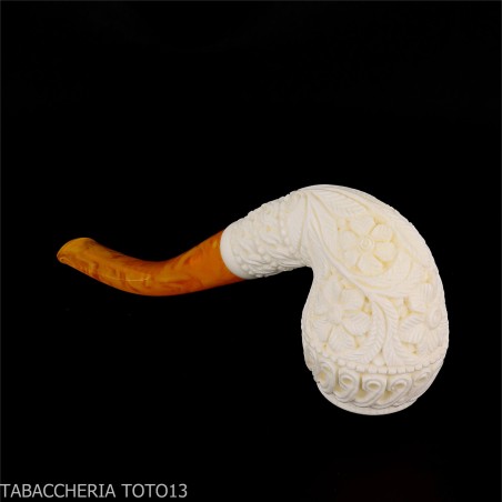 Bent Cutty Meerschaum Pipe with Floral Decorations - Tobacco Pipes - Sea foam - seppiolite