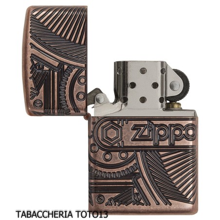 Zippo Armor en Cobre Antiguo con Grabado de Engranajes Mecánicos-Encendedores Zippo