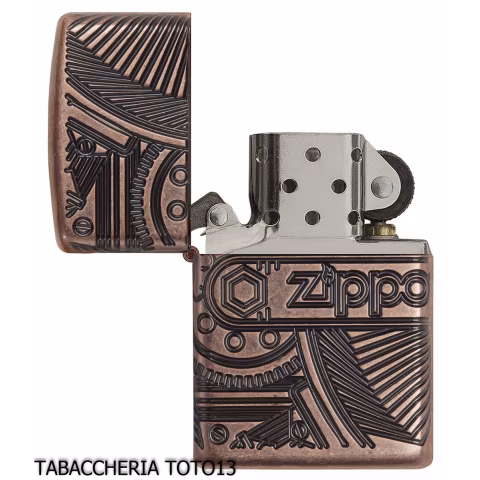 Zippo Armor in Antique Copper with Mechanical Gear Engraving - Lighters - Brass