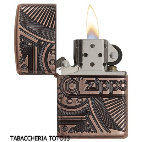 Zippo Armor en Cobre Antiguo con Grabado de Engranajes Mecánicos-Encendedores Zippo