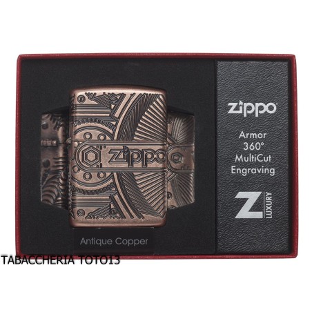 Zippo Armor en cuivre antique avec gravure d'engrenages mécaniques - Briquets - Laiton