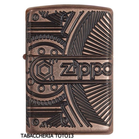 Zippo Armor en cuivre antique avec gravure d'engrenages mécaniques - Briquets - Laiton