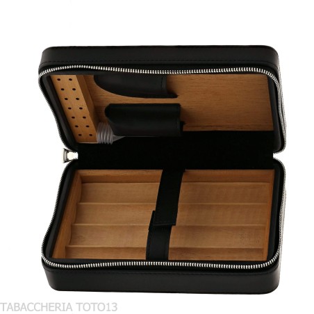 Coffret Passatore en cèdre recouvert de cuir noir équipé d'un humidificateur - Accessoires Cigare - Cuir, Bois